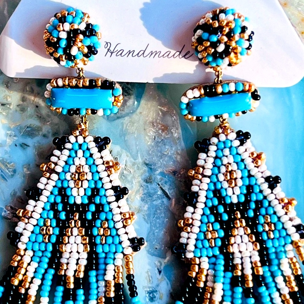 NWT Deepa Gurnani Turquoise Beaded Fringe Chandeliers - Picture 3 of 13